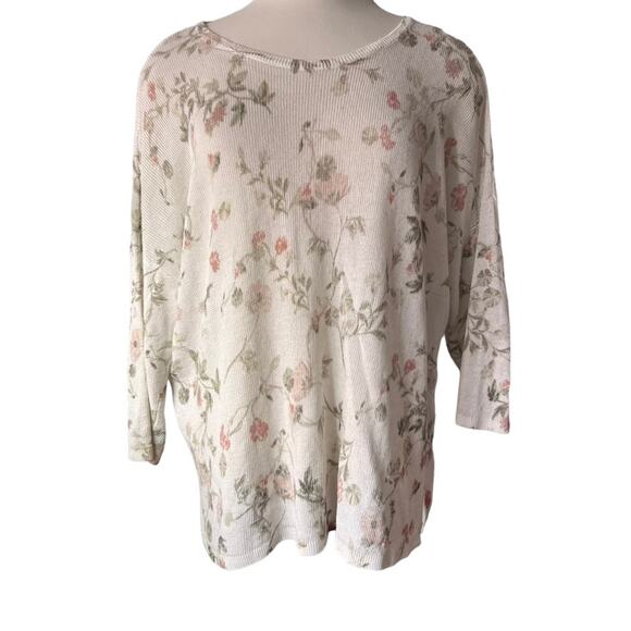 J Jill Blouse Womens L Ivory Pink Floral Linen Blend 3/4 Sleeve Loose Open Knit - Picture 1 of 8